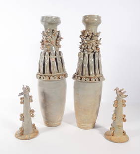 Pair of Qingbai Chinese Porcelain Covered Jars: Pair of Qingbai Chinese celadon porcelain covered jars, pear-shaped with long slender neck and wide bowl shaped mouth, decorated with twelve applied figures and a dragon chasing the flaming pearl to