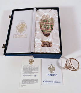 Faberge Collectors Society Napoleonic Egg on Stand: Faberge Collectors Society Napoleonic Egg on stand, special millennial edition 24k gold leafed guilloche egg with translucent green enameling, set Austrian crystals and military trophy mounts, lid