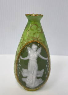 Erdmann Schlegelmilch German Porcelain Vase: Erdmann Schlegelmilch German porcelain cabinet vase, lime green glazed with gilt and enamel floral overlay designs, central cartouche panel with a pate sur pate floating female with wings, signed on