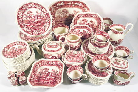 Copeland Spode Pink Tower Pattern Dinner Service: Copeland and Thompson Inc. Spode Pink Tower pattern ninety seven piece dinner service, each piece is signed on its underside with Copeland Spode's Tower England older backstamp mark, one cream soup