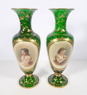 Pair of Moser Bohemian Art Glass Portrait Vases: Pair of Moser Bohemian art glass portrait vases, green colored glass with hand painted gilt floral and dot pattern overlays, applied hand painted glass central medallions with portraits of young