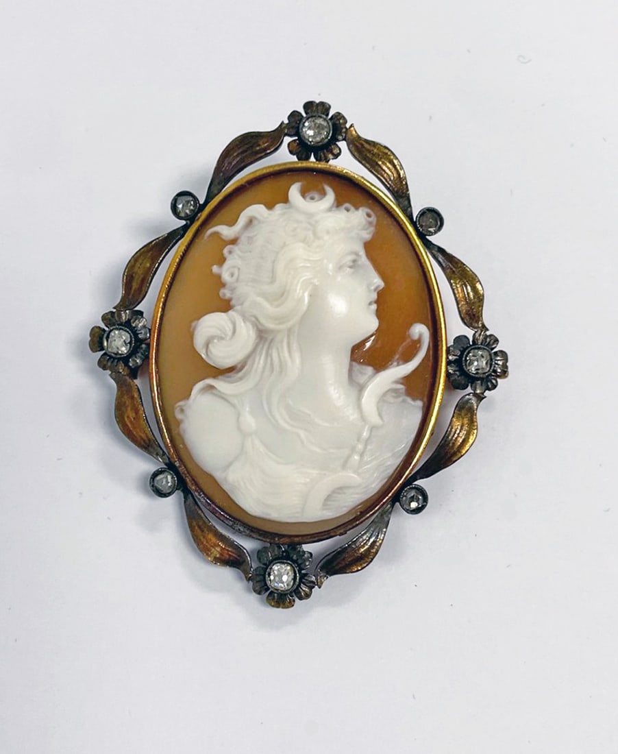 Antique 14K Gold Cameo Brooch with Diamonds (1 of 2)