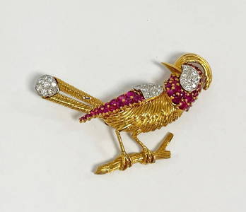 Hammerman Bros. 18K Gold Platinum  Diamond and Ruby Bird Brooch