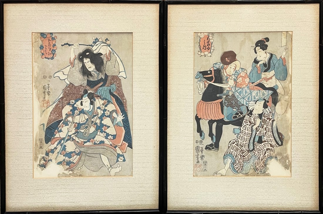 Kuniyoshi Ichiyusai Japanese Woodblock Prints: Pair of Kuniyoshi Utagawa Ichiyusai (Japanese artist, 1797-1861) Japanese woodblock prints, titled "Maple Festival" and "Peach Blossom Festival", both are signed on left side with artist's signature i