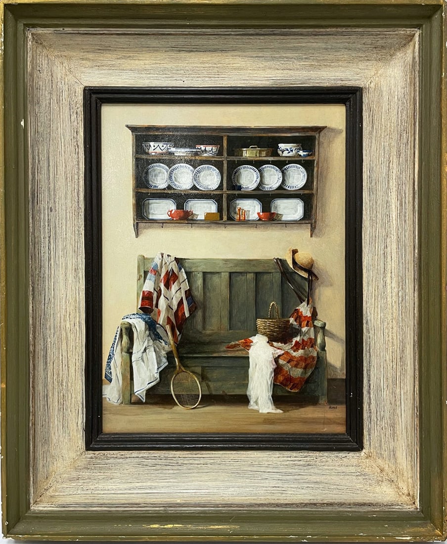 Ron Bone Acrylic Oil on Board: Ron Bone (United Kingdom artist, 1950-2011) acrylic oil on board, titled on verso "The Settle", verso has an attached label from the Llewellyn Alexander (Fine Paintings) Ltd. Gallery in London, Englan