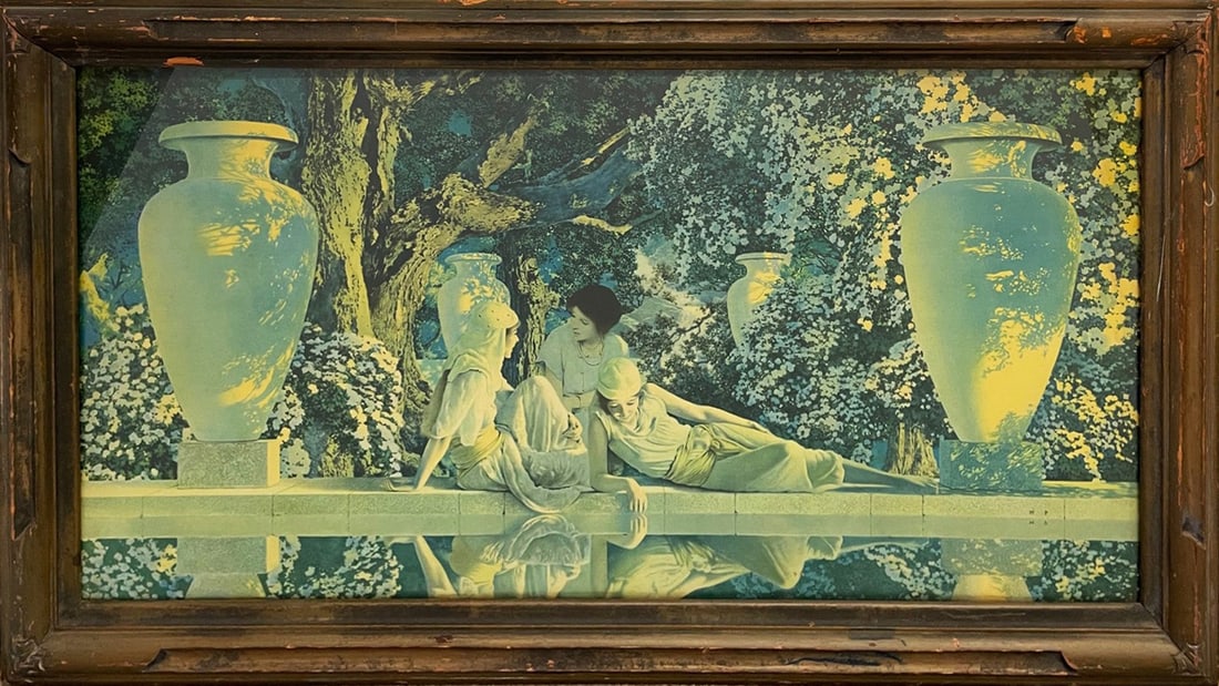 Maxfield Parrish Offset Lithograph Colored Print: Maxfield Frederick Parrish (New Hampshire artist, 1870-1966) offset lithograph colored print, titled "Garden of Allah", original wood frame, published by Reinthal and Newman, 14 1/2' (h) x 29 1/2" sig
