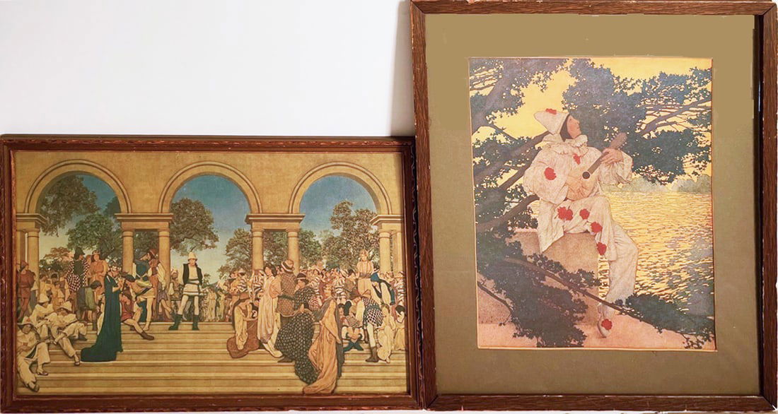 Maxfield Parrish Offset Lithograph Colored Prints: Group of two Maxfield Frederick Parrish (New Hampshire artist, 1870-1966) offset lithograph colored prints, titled "Florentine Fete" and "Pierrot's Serenade", original wood frames, 8 1/2" (h) x 14" an