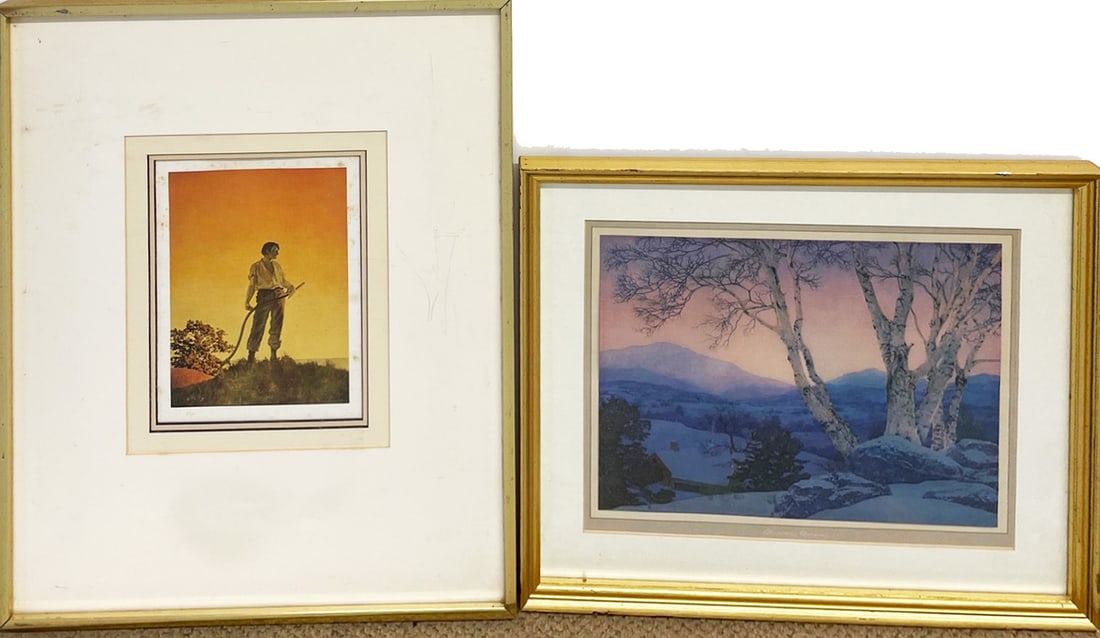 Maxfield Parrish Offset Lithograph Colored Prints: Group of two Maxfield Frederick Parrish (New Hampshire artist, 1870-1966) offset lithograph colored prints, titled "Christmas Morning" and "Harvest", 11" (h) x 8 1/2" and 7 3/4" (h) x 5 3/4" sight siz