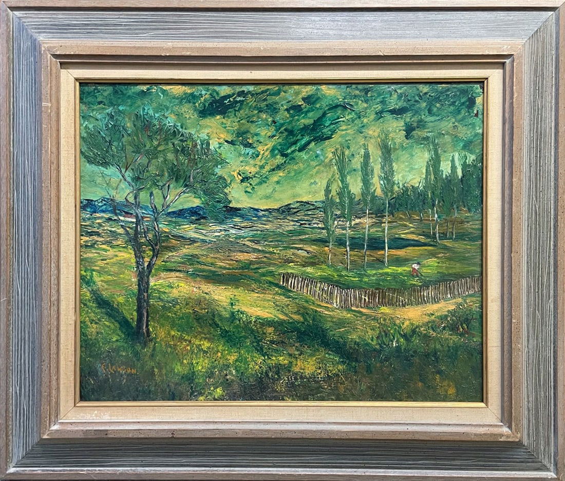 Ernest Lawson Oil on Canvas: Ernest Lawson (Connecticut, New York, Canada and French artist, 1873-1939) oil on canvas, untitled, depicts a landscape with a figure gardening, signed lower left E. LAWSON, 15 1/4" (h) x 19 1/2" sigh