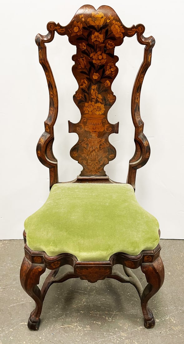Dutch Marquetry Inlaid Walnut Side Chair: Dutch marquetry inlaid walnut side chair, stiles and splats decorated with intricate marquetry depicting flowers, bird and urn on pedestal, balloon seat w/shaped apron, stretcher on cabriole legs, cir