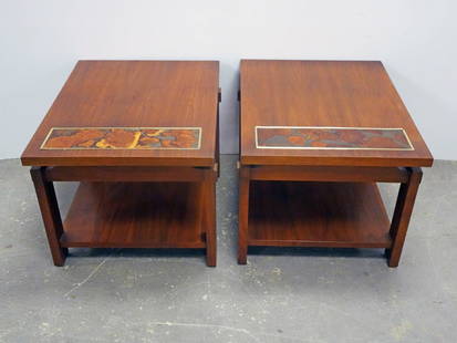 Lane Furniture Co. Four Piece Table Set: Lane Furniture Company four piece table set, walnut with inlaid burl wood panels, Style No. 1123, each piece has Lane mark on their undersides, circa mid 20th c., 20" (h) x 32" x 28" hexagonal table,