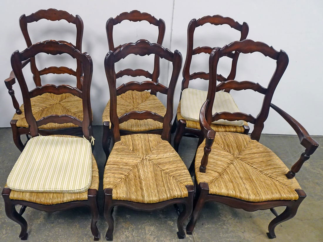 Country French Mahogany Dining Room Chairs: Set of six Country French mahogany dining room chairs, affixed rush seats, circa mid 20th c. to late 20th c., 40" (h) x 22" x 18" arm (qty 2) and 40" (h) x 20" x 16" side (qty 4)