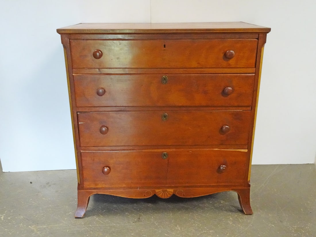 Federal Cherry Chest of Drawers: Federal cherry chest of drawers, decorated with line and fan form inlays, circa early to mid 19th c., 41" (h) x 40" x 21"