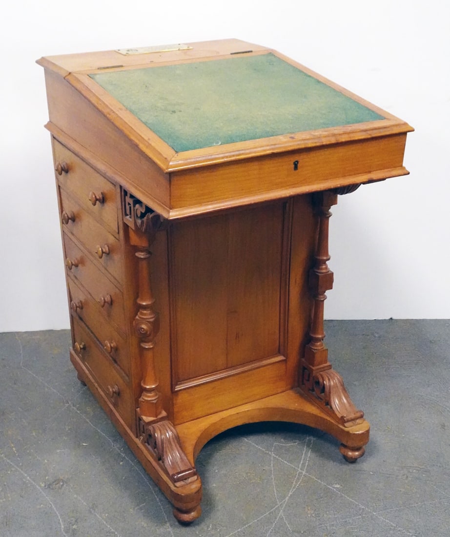 Victorian Applewood Davenport Desk: Victorian applewood davenport desk, scrolled openwork applied columns, felt lined lift lid, felt lined interior with fitted panel having two drawers, right side drawers, faux left side drawers, circa 