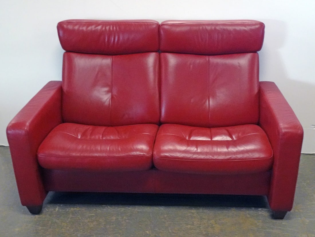Ekornes Stressless Leather Loveseat: Ekornes Stressless leather loveseat, made in Norway, highback reclining seats, cherry Paloma color, 39" (h) x 60" x 29"