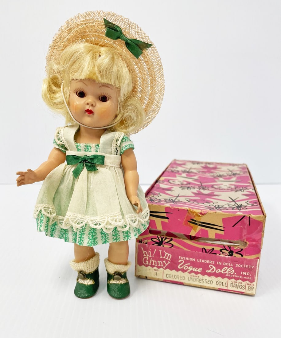 Vogue strung hard plastic 8" Ginny 1953 Lucy with box: Vogue strung hard plastic 8" Ginny 1953 Lucy with box, blonde, brown eyes, in tagged outfit complete with center snap shoes