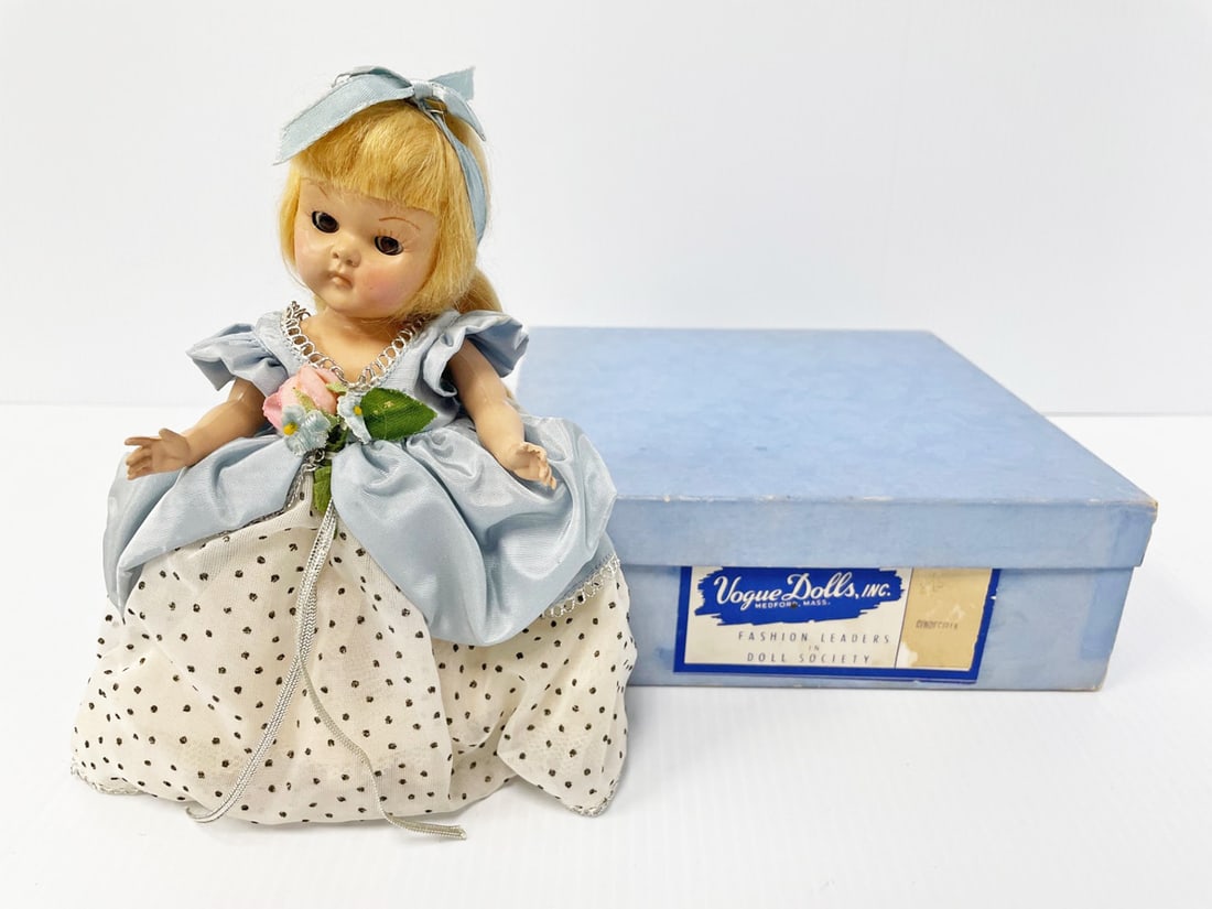 Vogue strung hard plastic 8" Ginny doll 1950 Cinderella in marked box: Vogue strung hard plastic 8" Ginny doll 1950 Cinderella in marked box, blonde, sleep eyes, original outfit