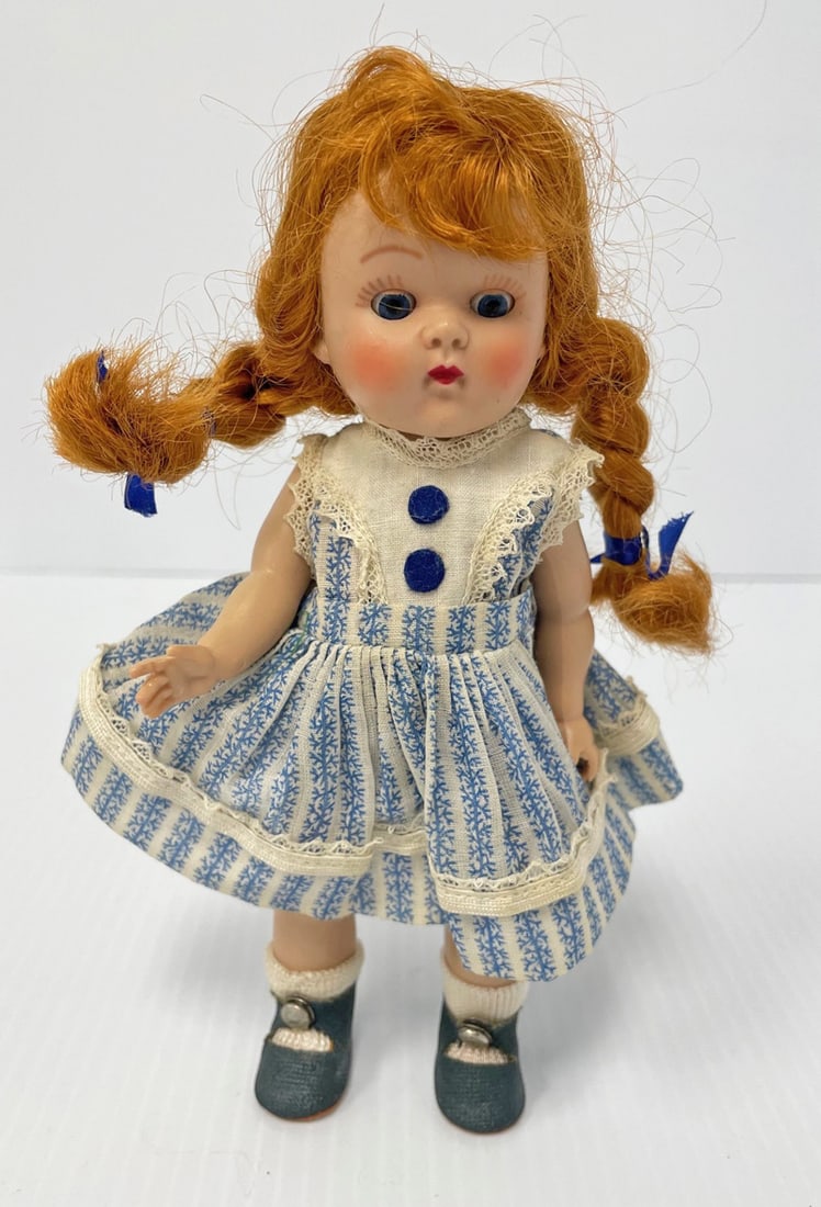 Vogue strung hard plastic 8" Ginny 1953 Donna: Vogue strung hard plastic 8" Ginny 1953 Donna, redhead braids, blue eyes, tagged original outfit, center snap shoes