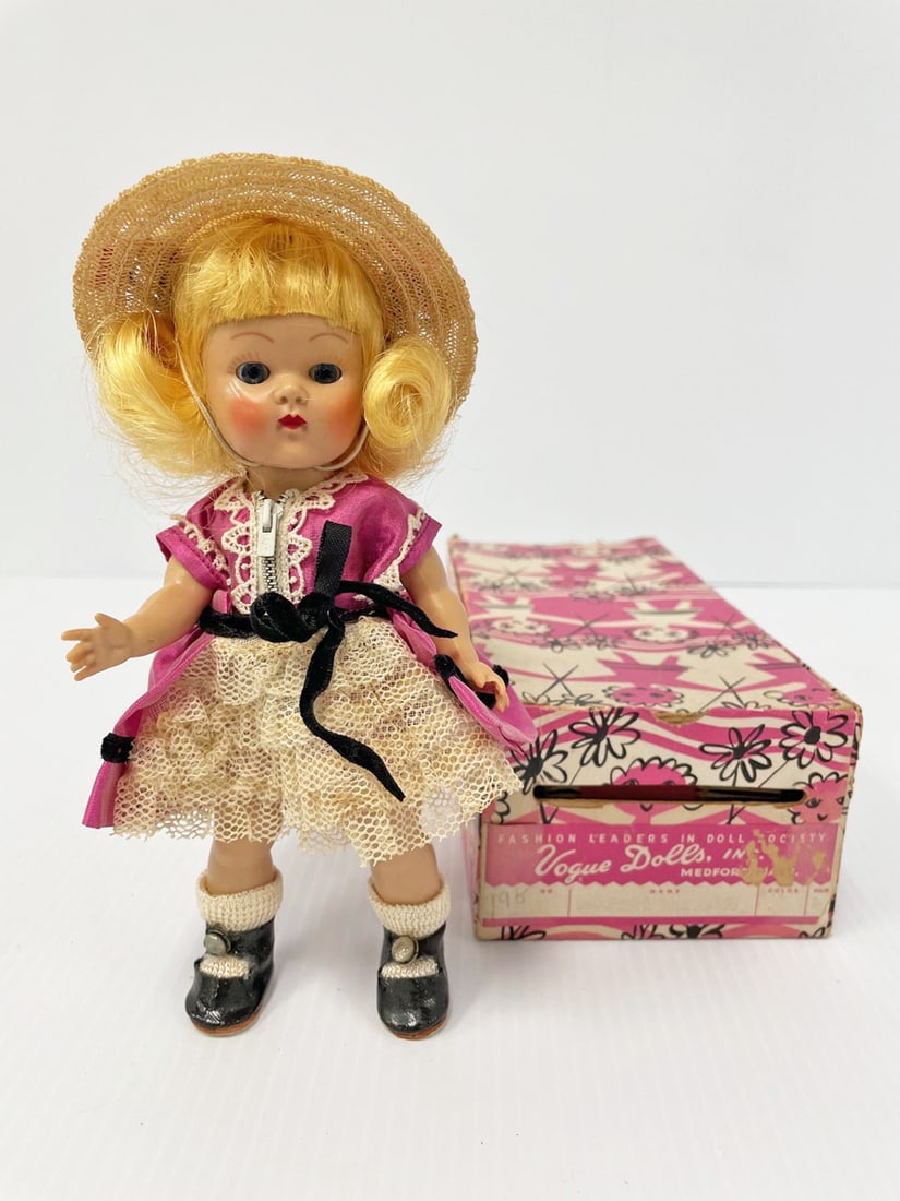 Vogue strung hard plastic 8" Ginny doll 1952 Afternoon from the Zipper Series: Vogue strung hard plastic 8" Ginny doll 1952 Afternoon from the Zipper Series, all original, blonde, sleep eyes, center snap shoes with basic box