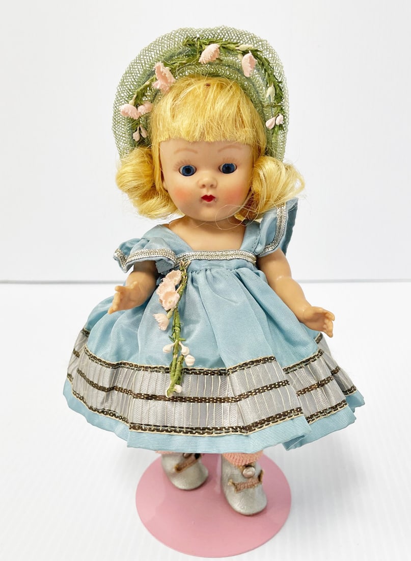 Vogue Ginny 1953 Cheryl: Vogue 8" strung hard plastic Ginny 1953 Cheryl in crisp blue taffeta tagged complete outfit with original silver center snap shoes