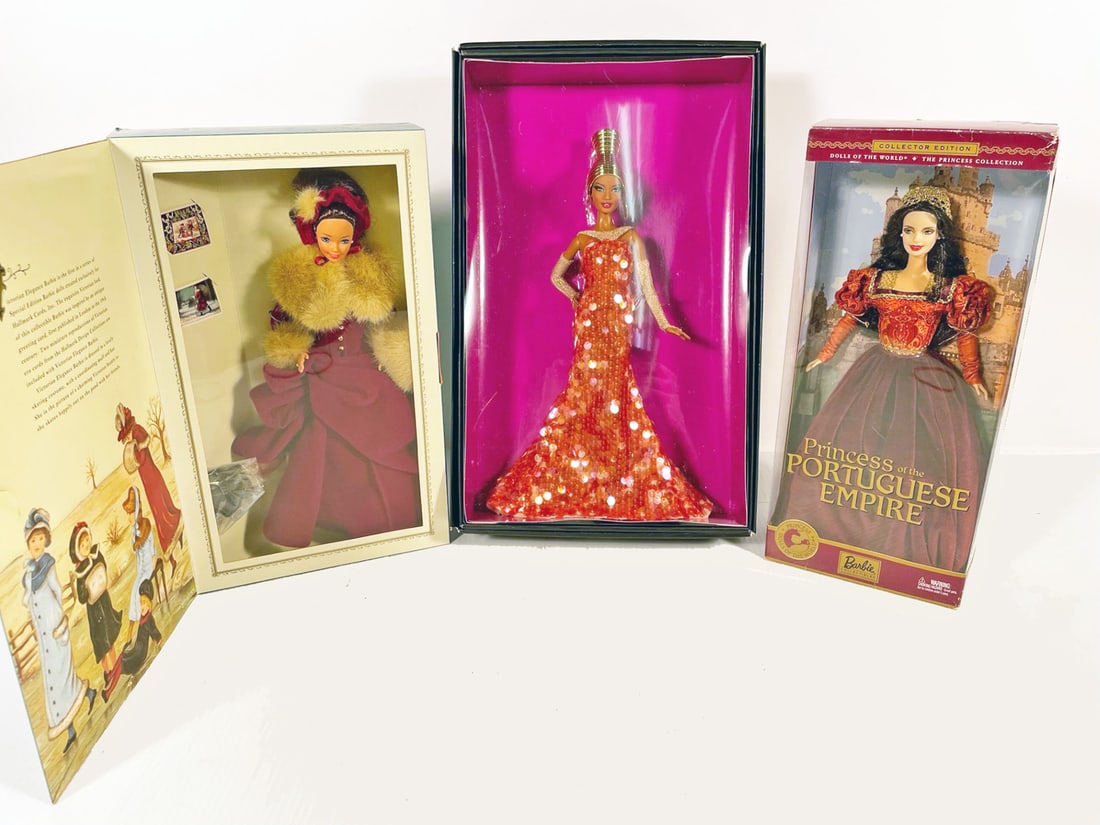 Three Barbie Dolls: Barbie doll group of three includes 2002 Dolls of the World Portuguese Princess, 1994 Victorian Elegant, 2012 Stephen Burrows Alazne