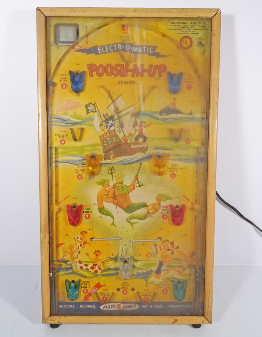 Electr-O-Matic Push-M-Up Senior Pinball Game: Northwestern Products Co. Electr-O-Matic Push-M-Up Senior bagatelle pinball game, model 420, circa 1950's, 27" (h) x 15" x 2 3/4"