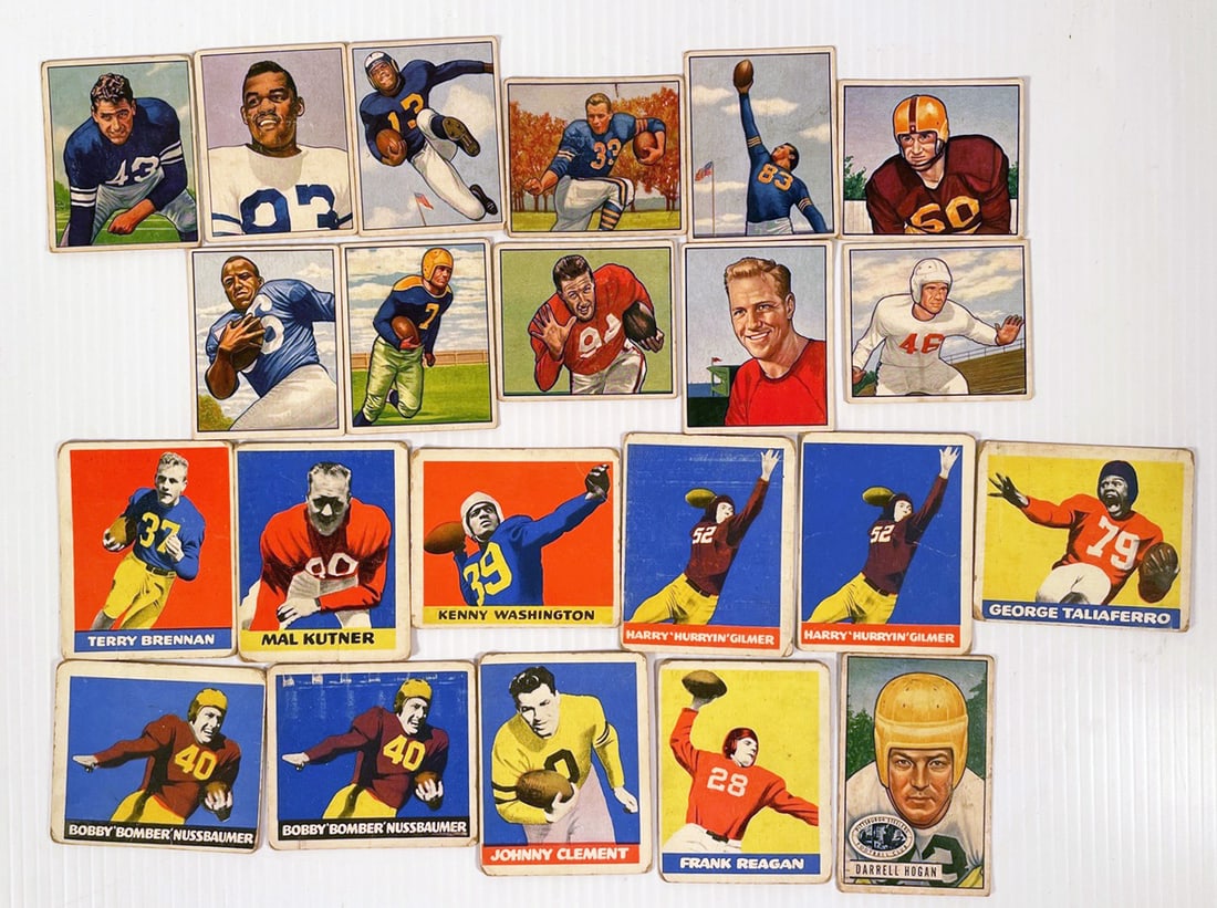 1948 and 1950 Football Cards Grouping: Twenty-two piece 1948 and 1950 Football cards grouping, ten assorted 1948 Leaf Gum Co. which are all rookie cards and eleven assorted 1950 Bowman Gum Inc., including Tank Younger and Buddy Young rooki