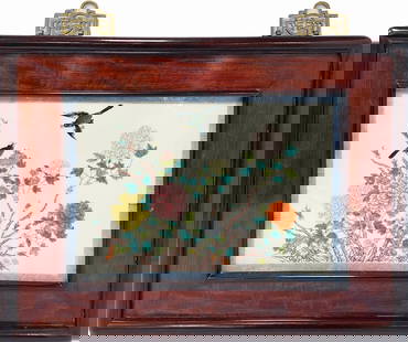 Chinese Export Porcelain Framed Plaque: Chinese Export porcelain framed plaque, decorated with hand painted birds and floral designs with blue Greek key design borders, unsigned, circa 20th c. People's Republic of China period, 14 5/8" (h)