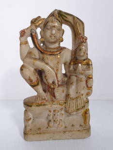 Polychromed Soapstone Indian Hindu Deity Figure: Polychromed carved steatite soapstone Indian Hindu deity figure, depicts seated Vishnu w/small figure at its side, circa late 18th c. to mid 19th c., 7 1/4" (h) x 4" x 1 5/8"