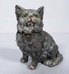 Antique German Spelter Metal Seated Cat Bank: Antique German painted spelter metal seated cat still bank, lift head, unmarked, manufacturer unknown, circa 1920's-1930's, 2 3/4" (h) x 2 3/8" x 1 5/8"