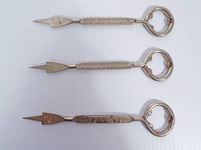 Moving Picture Labor Union Bottle Openers/Picks: Lot of three Moving Picture Operators Union Local 306, A.F. of L. steel bottle opener/milk cap picks, 6 3/8" length, presumably issued during the 1932 union wars between the New York based Moving