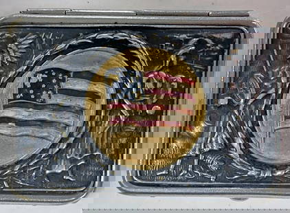 1904 St. Louis Exposition Souvenir Match Safe: 1904 St. Louis Exposition souvenir nickel finished metal match safe, decorated with an American Flag design in the center flanked by raised designs of an American Indian and Lady Liberty, inner lid