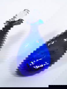 Blenko Glass Company Crackle Pinch Decanter: Blenko Glass Company cobalt blue crackle glass pinch form decanter, unmarked, circa mid 20th c., 10 1/4" (h) x 5"