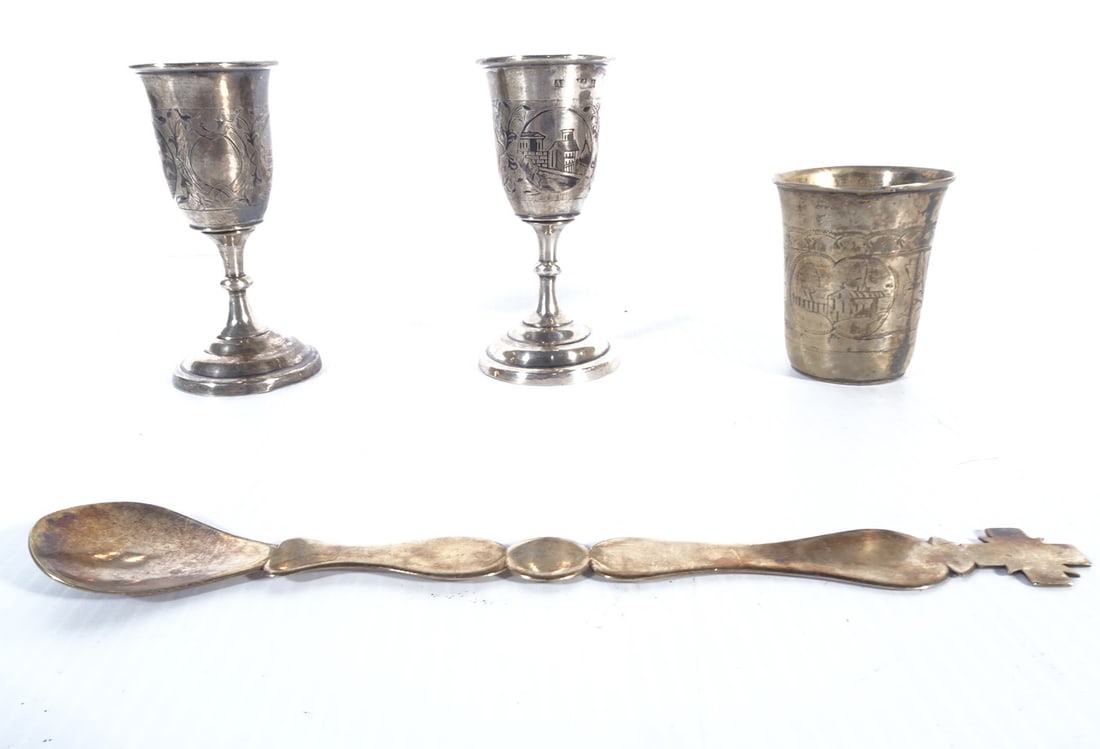 Russian Silver Spoon and Kiddush Cups Grouping: Four piece Russian silver Kiddush Cups grouping, 8 1/4" spoon with crown top-signed on verso with 800 silver mark and unknown maker and assayer marks, 2 3/8" (h) x 2 1/8" decorated with a chaised land