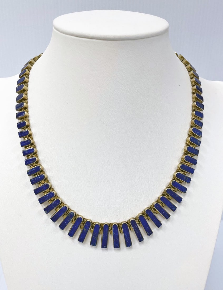 Enameled Vermeil 950 Silver necklace: Enameled vermeil 950 silver necklace, graduated mottled cobalt blue tablets with the largest measuring 20 mm, overall length 17 1/2", box and tongue clasp stamped 950, with figure-8 safety clasp, 61.4