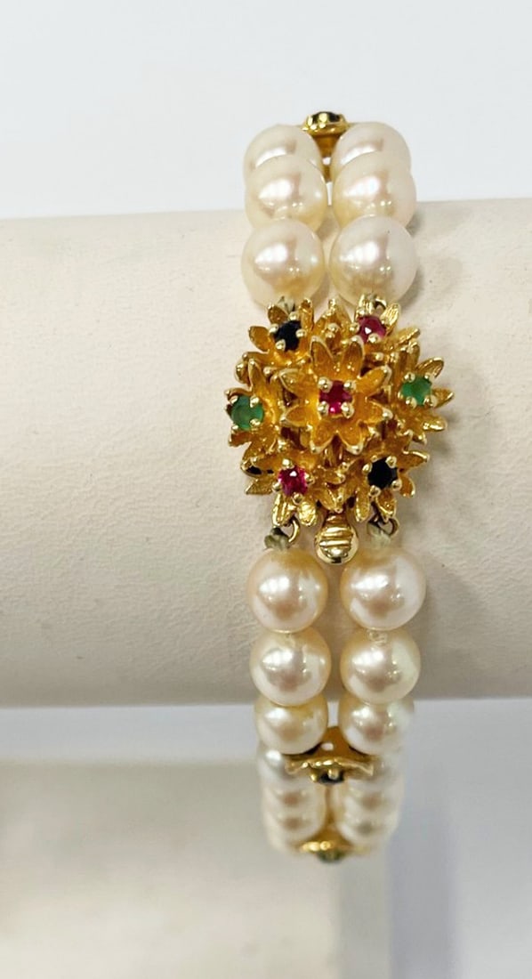 14K Gold, Pearl and Multi Colored Gemstone Bracelet (1 of 2)