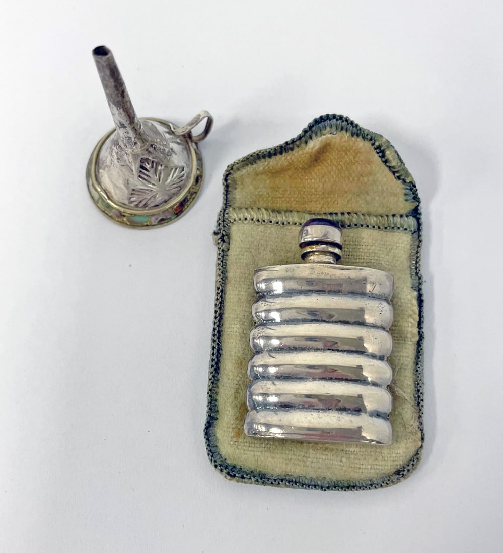 Mexican Sterling Perfume with Funnel: Mexican sterling perfume with funnel, ribbed sterling perfume bottle with cabochon amethyst screw-on lid with dabber, stamped Mexico Sterling, 1 1/2" x 1" x 1/4", and an engraved handled funnel with m