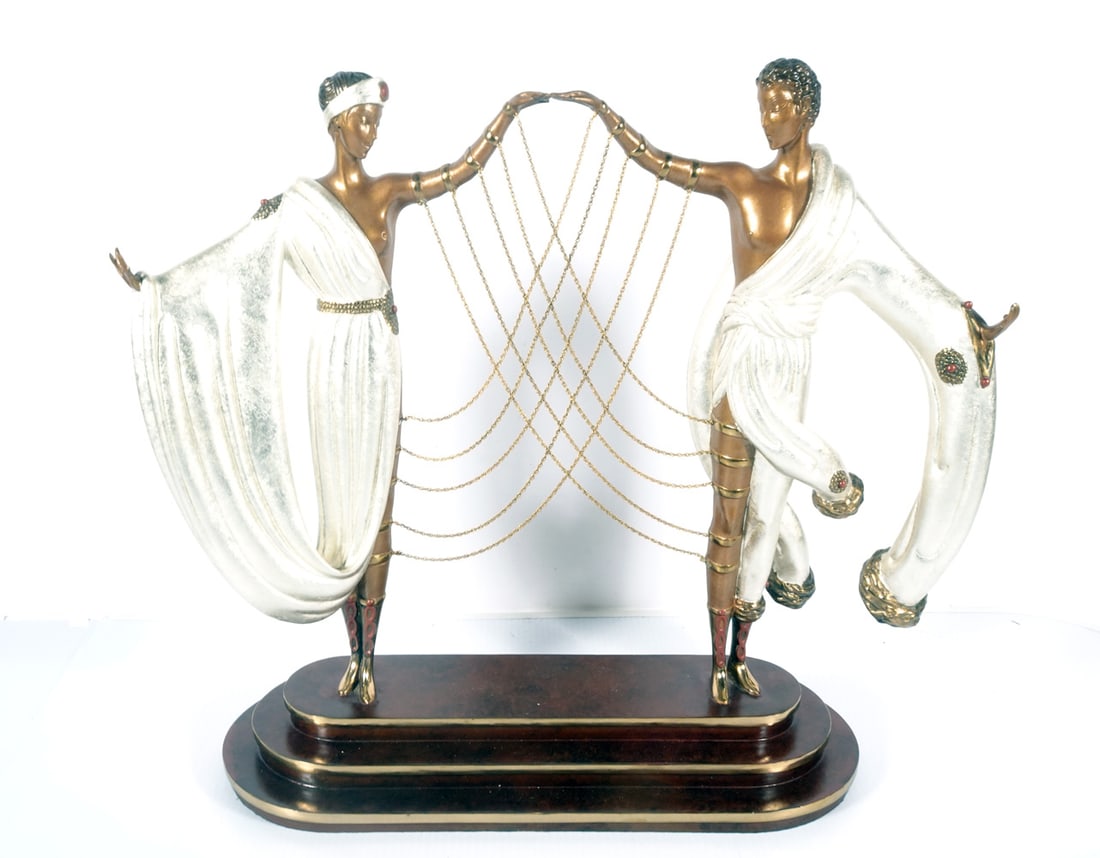 Romain Erte De Tirtroff Bronze Sculpture: Romain Erte De Tirtoff (New York, Russian and French artist, 1892-1990) bronze sculpture, titled The Wedding, incised Erte signature at backside of bottom step base, Fine Art Acquisitions incised mark