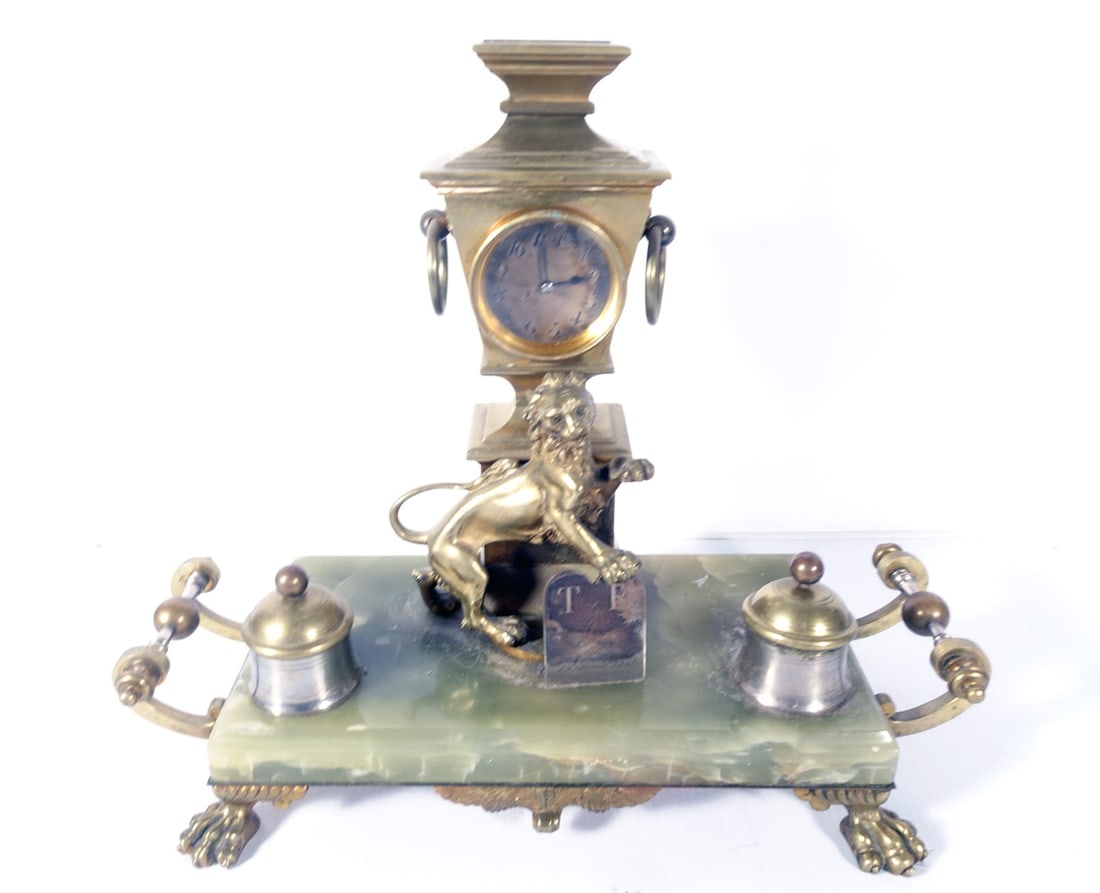 Continental Brass and Onyx Clock and Inkwell (1 of 1)