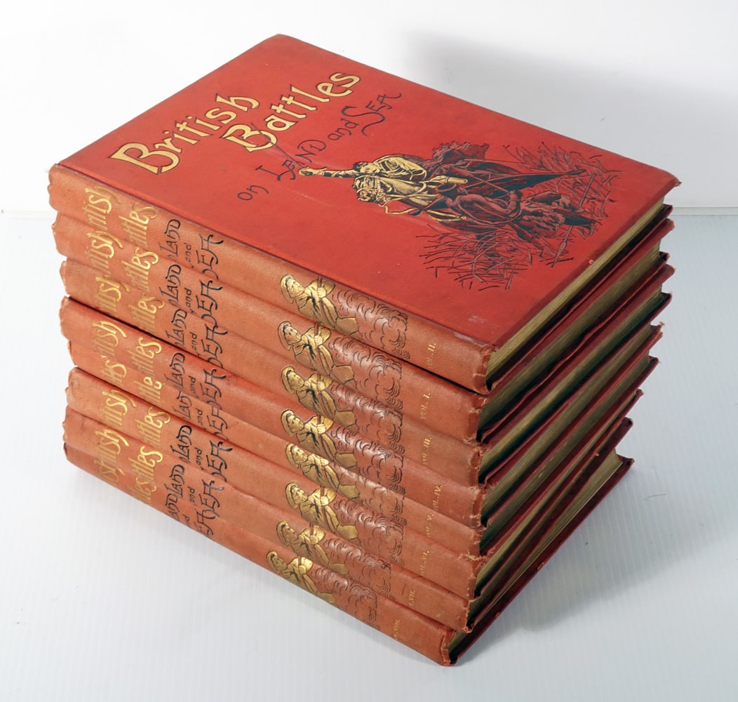 British Battle on Land and Sea Book Set: British Battles on Land and Sea eight volume specially prepared Subscription only edition book set by James Grant, hardcover red covers, front cover with gilt title and gilt and black illustration of