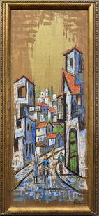 Avigdor Arikha Oil on Board: Avigdor Arikha (French and Israeli artist, 1929-2010) oil on board, untitled, depicts a street scene with houses and people walking, signed and dated lower right Avigdor 66, 25 3/4" (h) x 10 1/4" sigh