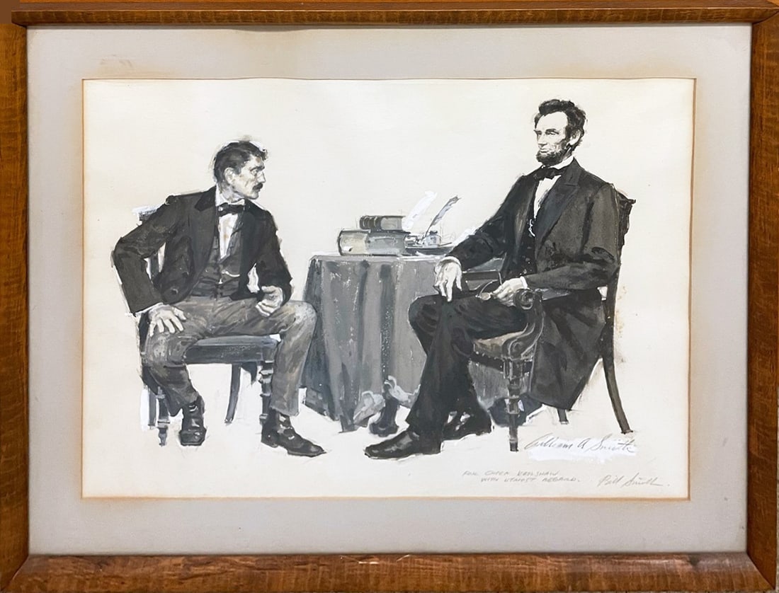 William Arthur Smith Illustration Drawing: William Arthur Smith (Ohio, New York and Bucks County, PA artist, 1918-1989) mixed media illustration drawing on paper, untitled, depicts Abraham Lincoln seated at a table with an unknown gentleman, s