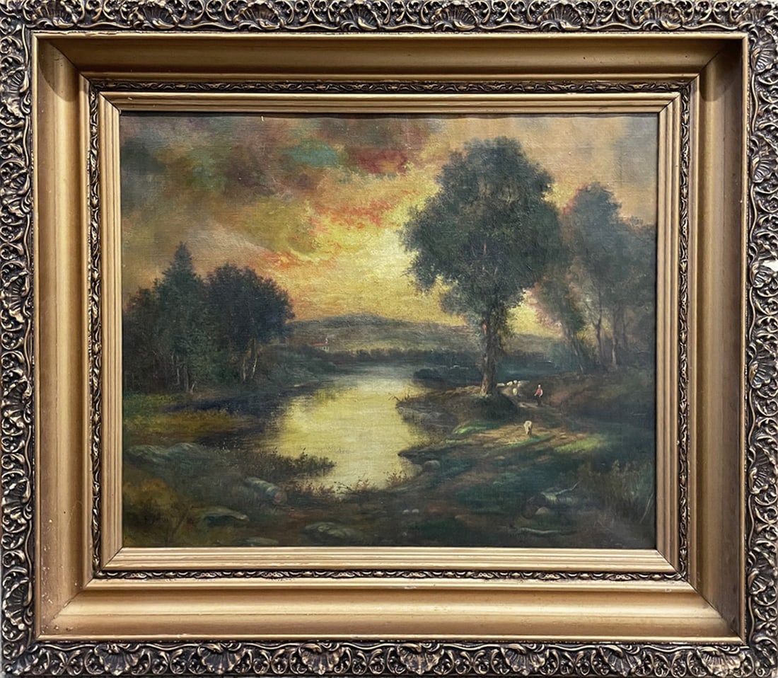 George Innes Oil on Canvas: George Innes (New York, Massachusetts and Scotland artist, 1825-1894) oil on canvas, untitled, depicts a sunset landscape with sheepherder with his flock of sheep, signed lower left G. Innes, 15 1/8" 