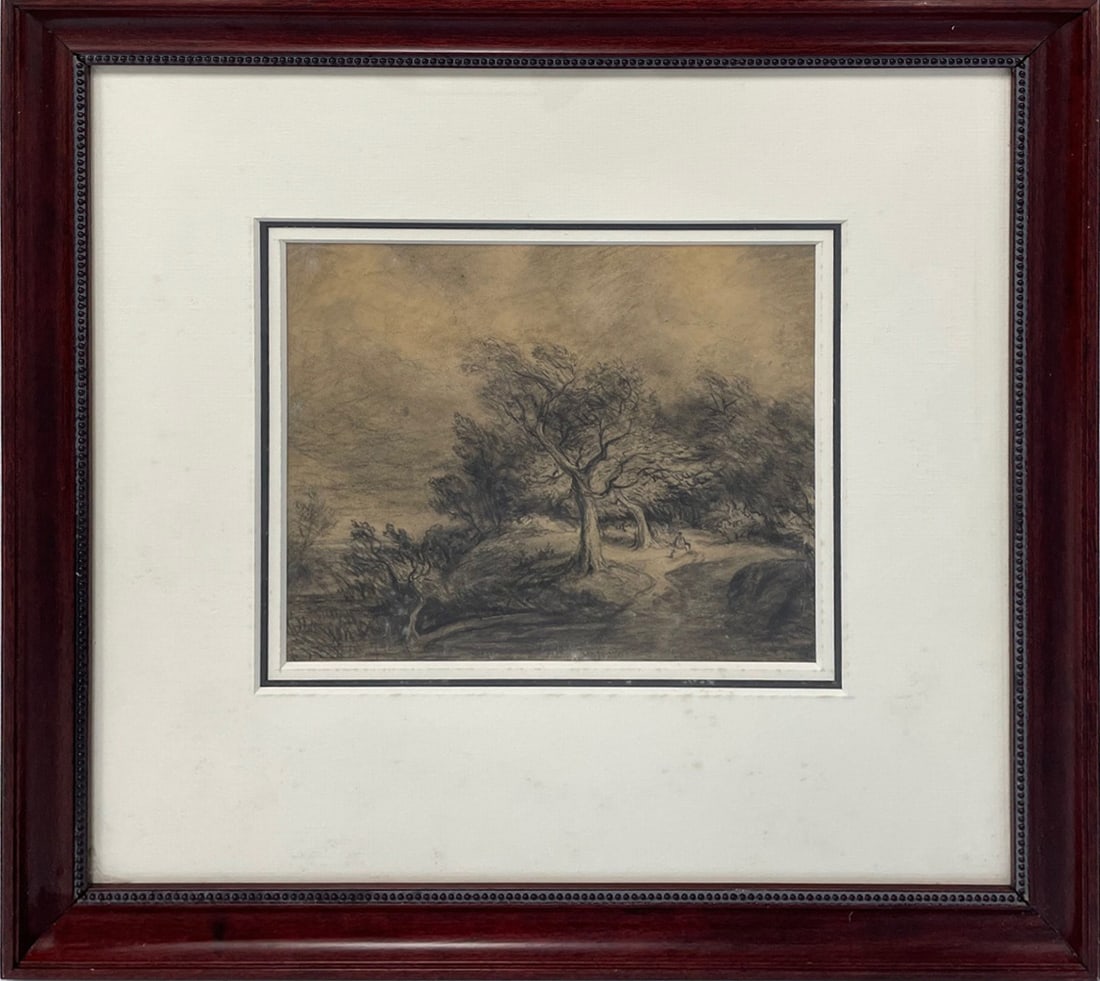 George Robert Bonfield Charcoal on Paper: George Robert Bonfield (Pennsylvania artist, 1805-1898) charcoal on paper, untitled, depicts a landscape with a gentleman seated beneath a tree, signed lower right G.R. Brownfield, 5 3/4" (h) x 9 1/8"