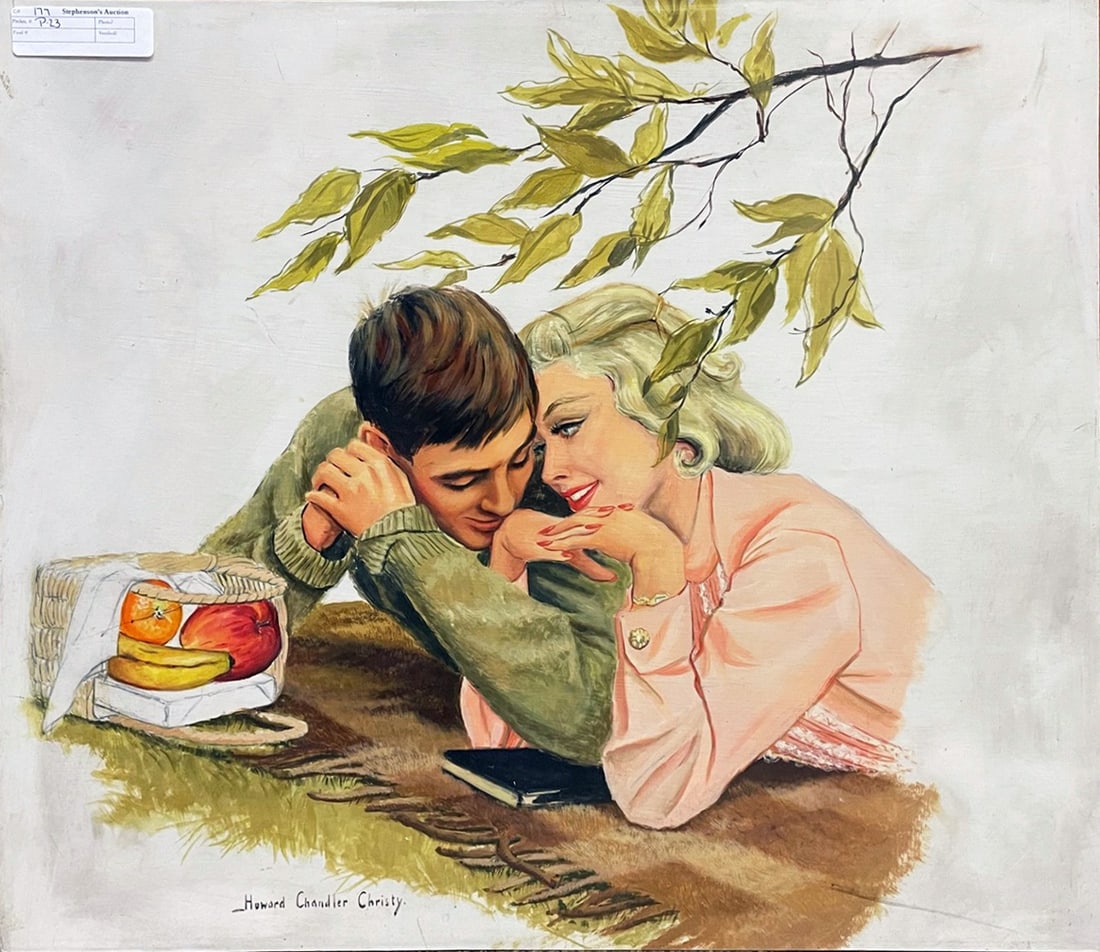 Howard Chandler Christy Illustration Drawing: Howard Chandler Christy (New York and Ohio artist, 1872-1952) oil on board illustration art drawing, untitled, depicts a young couple laying on a blanket beneath a tree branch with a basket lunch, unk