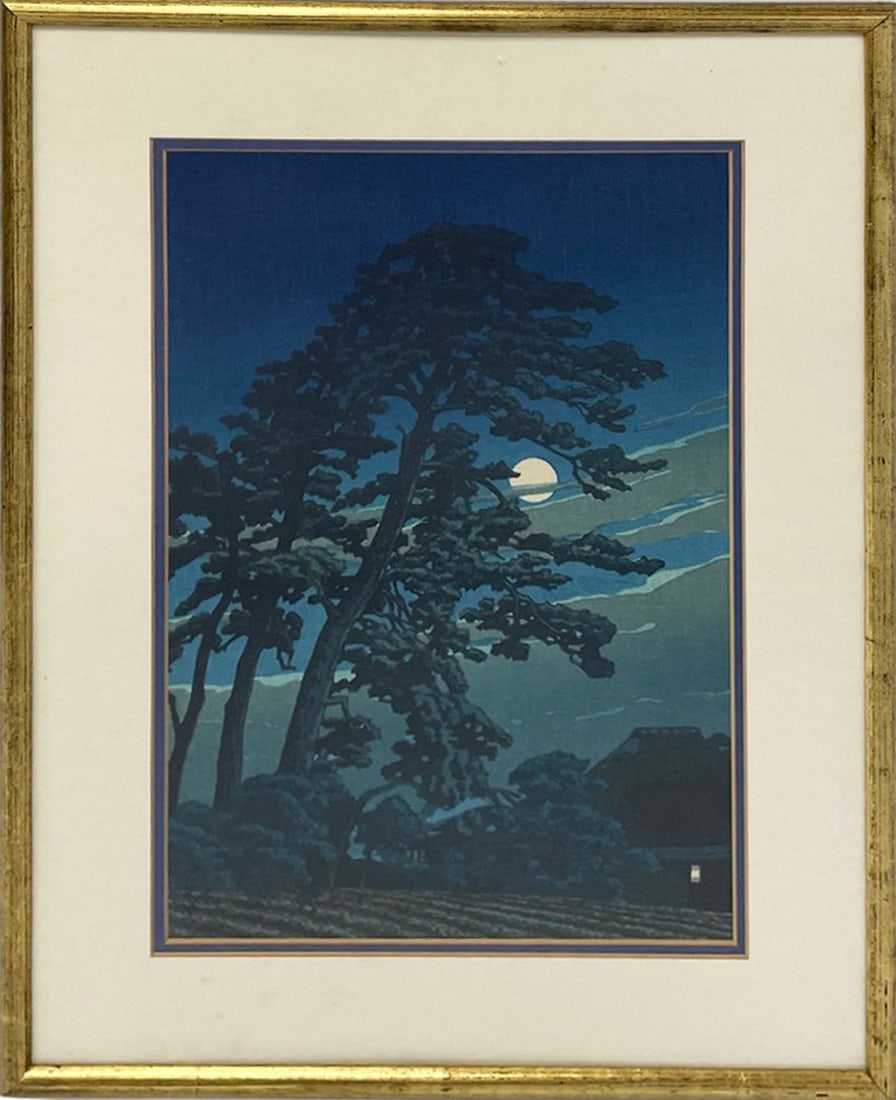Hasui Kawase Japanese Woodblock Print on Paper: Hasui Kawase (Japanese artist, 1883-1957) Japanese woodblock print on paper, titled Moon at Magome, from the series Twenty Views of Tokyo 1930, signed lower left corner with artist's name in calligrap
