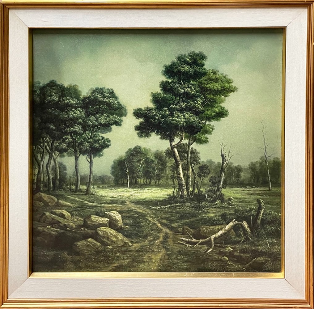 Layong Jinga Probo Oil on Canvas: Layong Jinga Probo (Indonesian artist, 1944-active) oil on canvas, untitled, depicts a forest landscape, signed and dated lower right on tree stump Probo 1986, 27" (h) x 27" sight size, 33 3/4" (h) x 