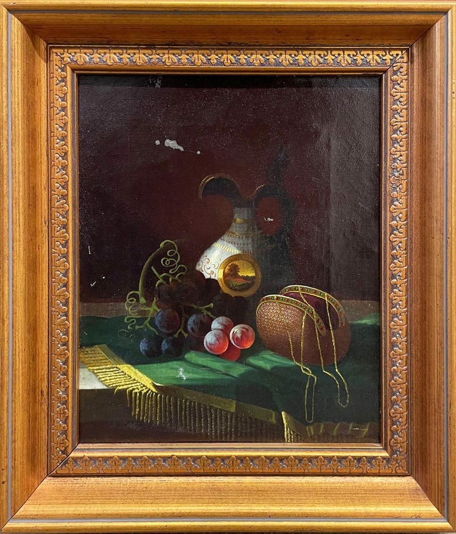 American School Oil on Canvas: 19th c. American School oil on canvas, untitled still life w/ grapes, vase and purse, unsigned, 11 1/2" (h) x 9 3/8" sight size, 16 1/8" (h) x 14" frame size