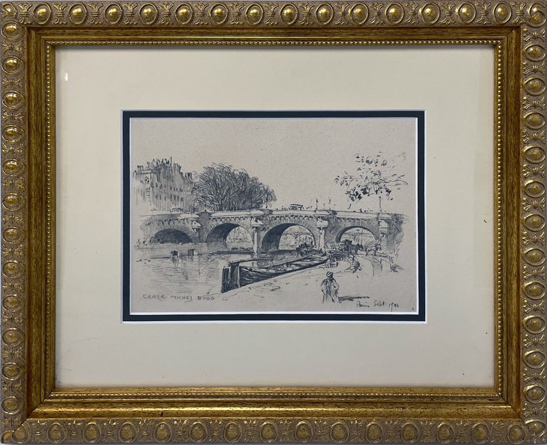 Carle Michel Boog Graphite on Paper: Carle Michel Boog (France and New York artist, 1877-1967) graphite on paper, untitled, depicts a Parisian canal scene, signed lower left CARLE MICHEL BOOG, dated lower right Paris Sept. 1906, 6" (h) x