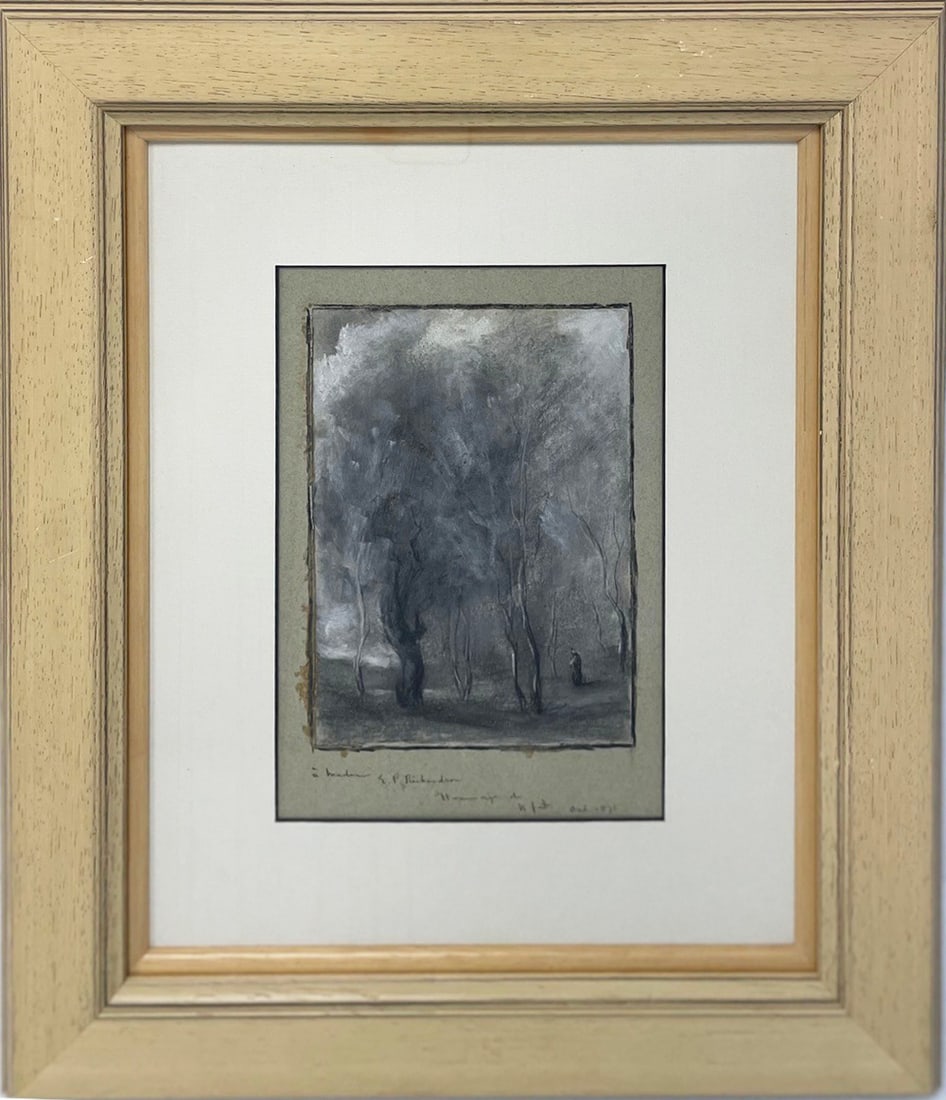 Jean-Baptiste-Camille Corot Attr. Mixed Media: Jean-Baptiste-Camille-Corot (French and Italian artist, 1796-1875) attr. mixed media sketch on paper, unsigned and untitled, depicts a landscape with a figure, dedication in French below the sketch to